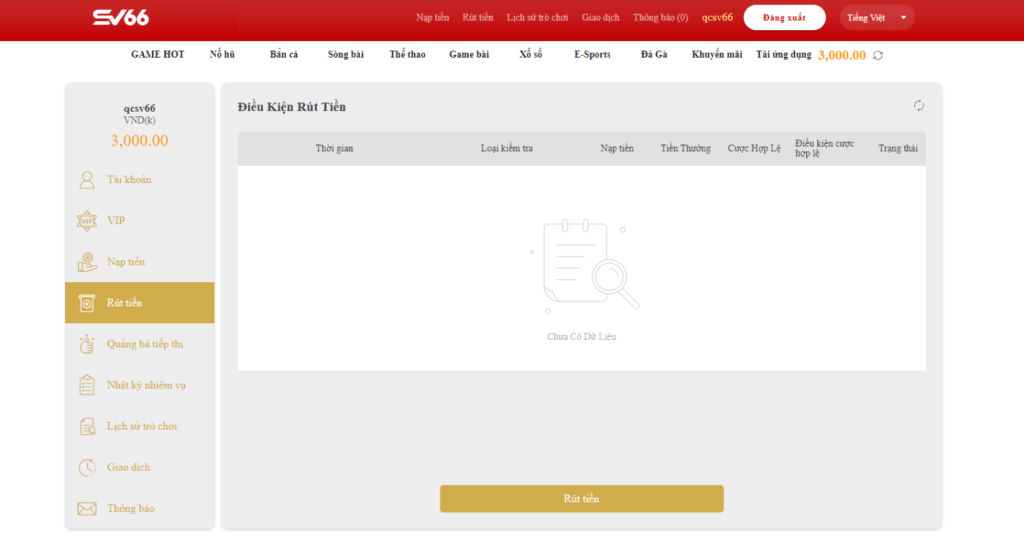 Các điều kiện rút tiền tại nhà cái SV66